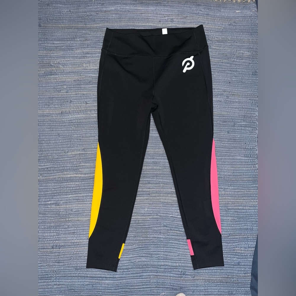 Peloton Apparel - Black Logo colorblock Leggings Size Large L pink & yellow
